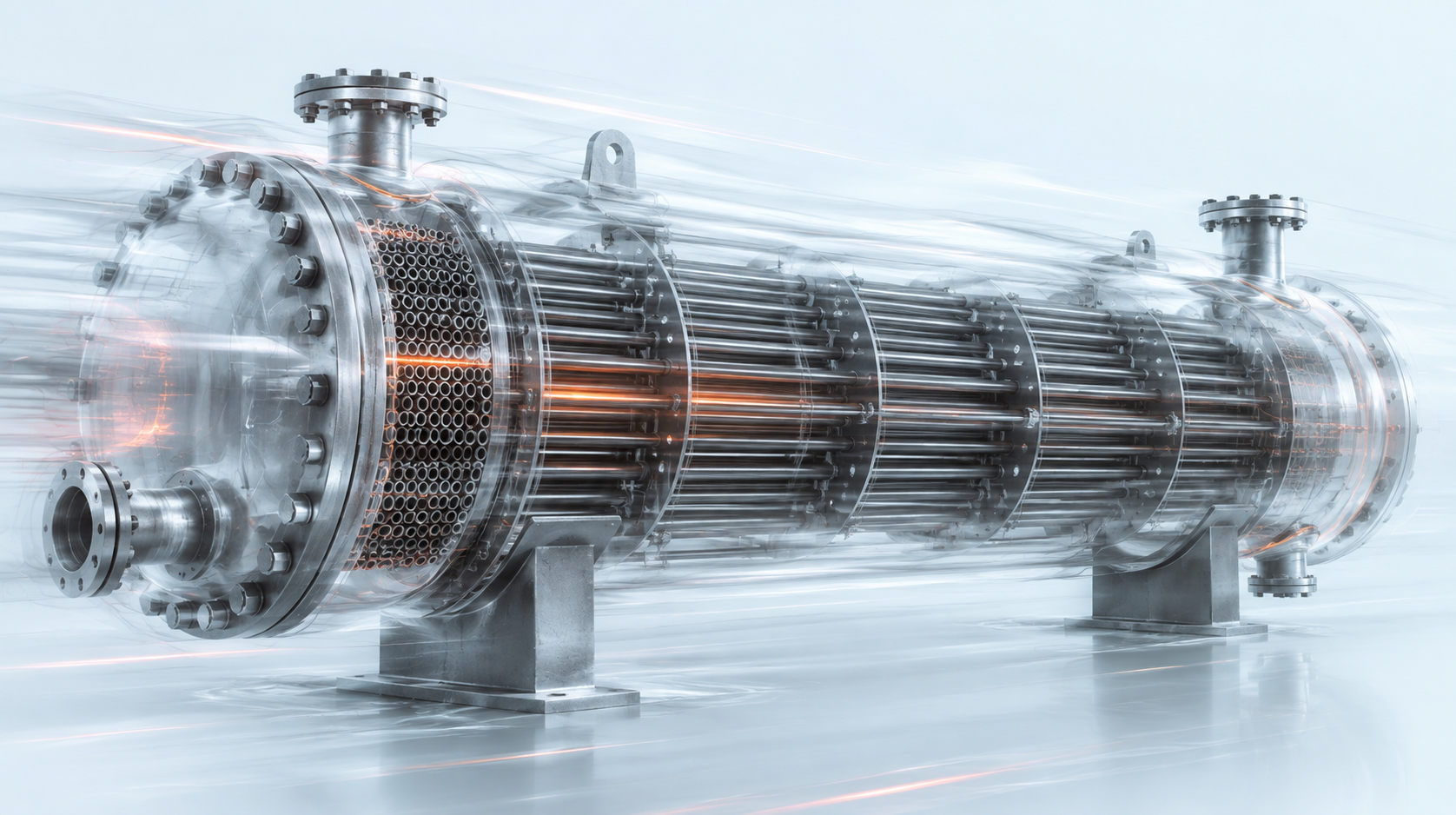 Conceptual cutaway of a shell-and-tube heat exchanger, with an exposed tube bundle, bolted flanges and process nozzles in a pale blue setting with motion blur.