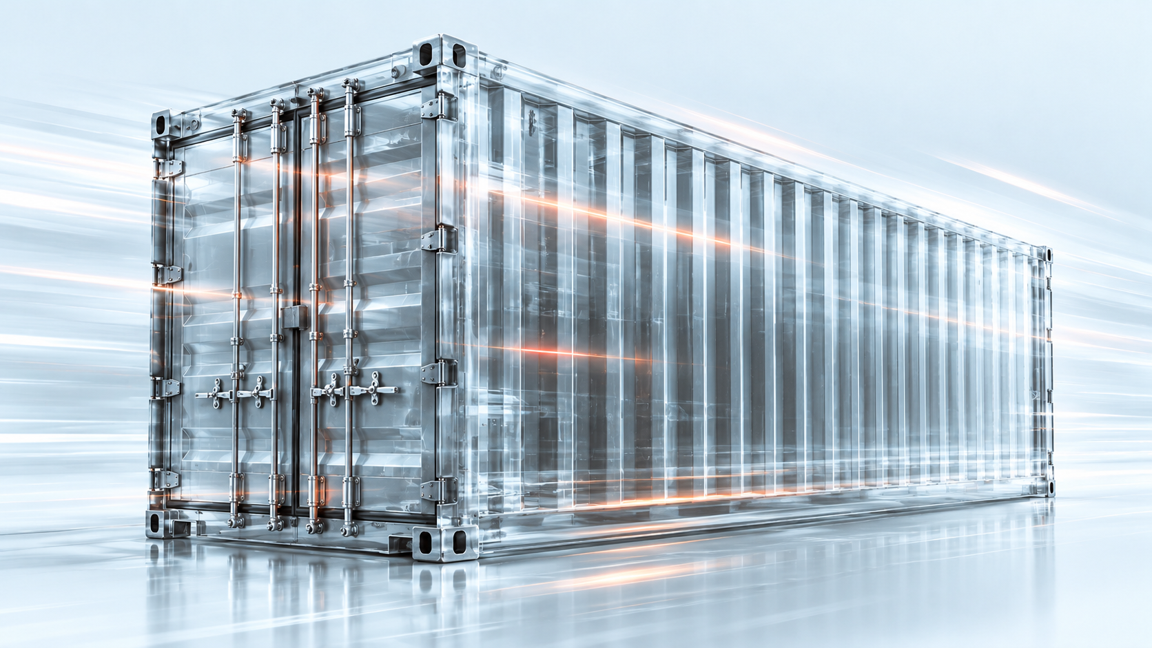 A silver shipping container with translucent ribbed walls and detailed cargo-door hardware, set against a pale blue background with fine orange light trails.